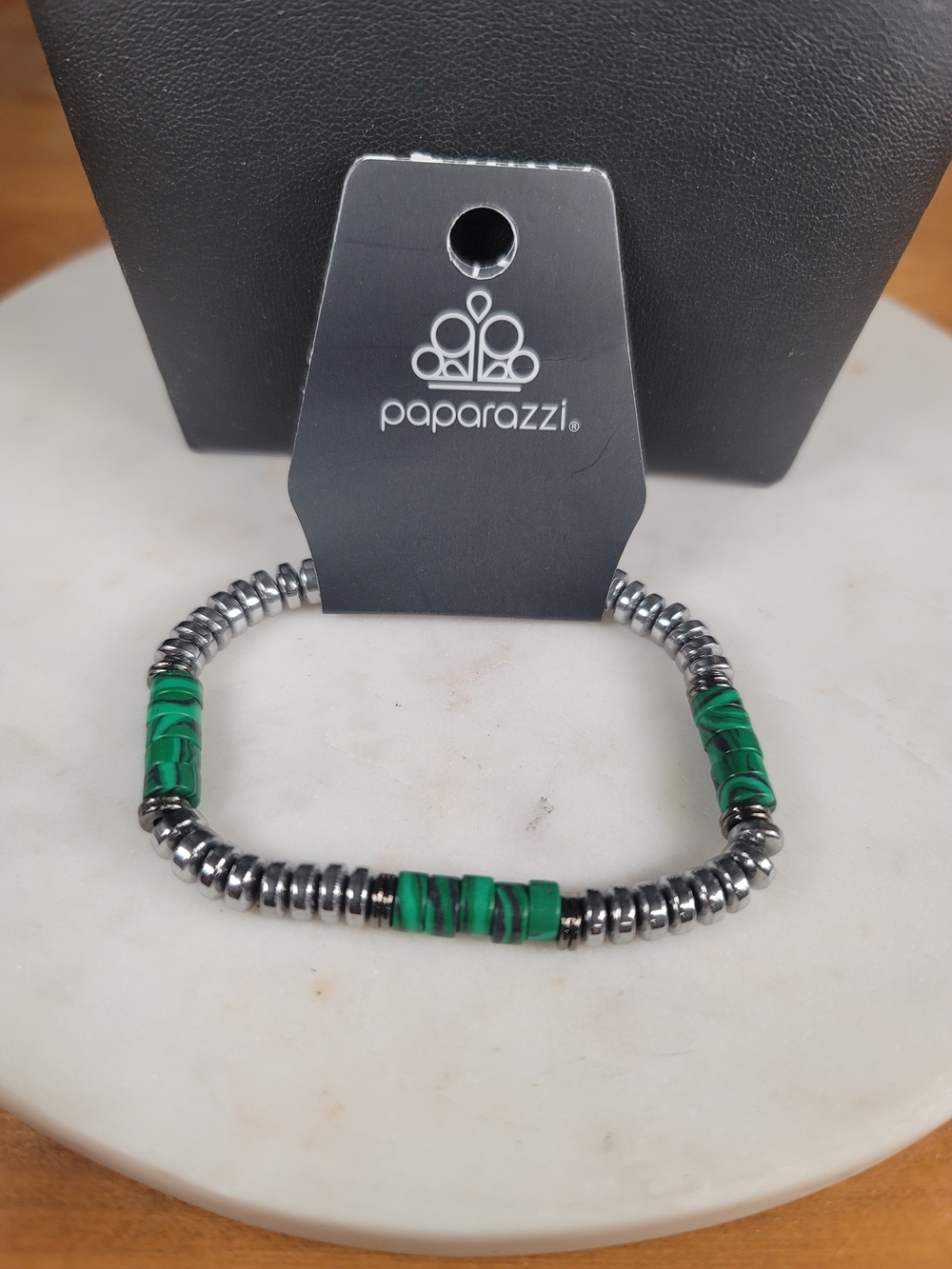 paparazzi Malachite Green and Silver Men’s Beaded Stretch Bracelet